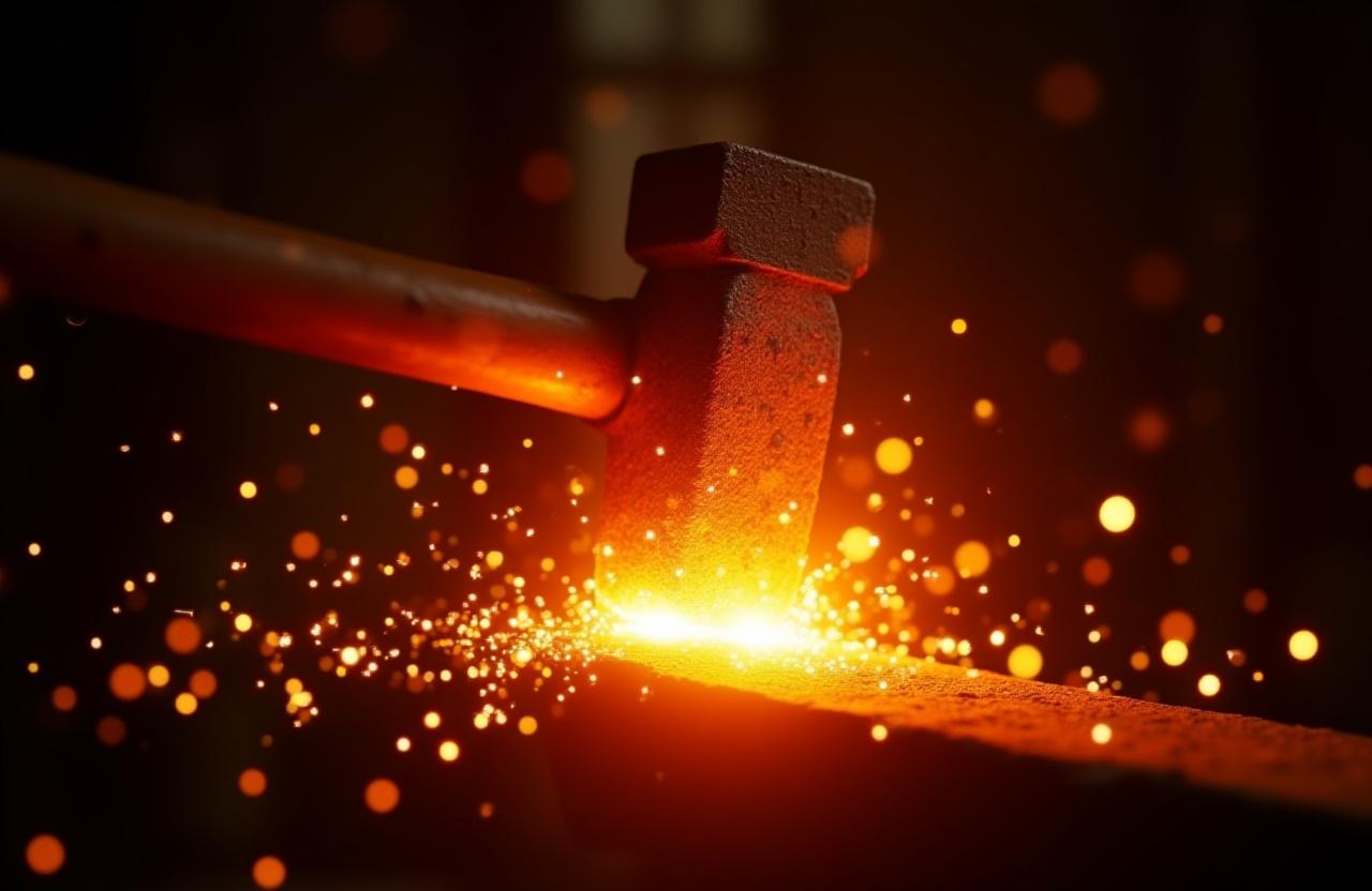 Martello da fabbro che colpisce metallo incandescente creando scintille
