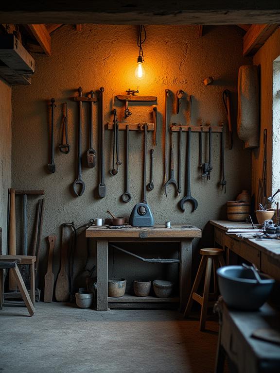 Interno della fucina artigianale con attrezzi appesi al muro